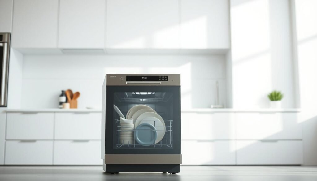A compact and efficient dishwasher set against a bright, minimalist kitchen backdrop. The sleek, modern appliance takes center stage, its controls and display panel clearly visible. Soft, even lighting from above highlights the unit's clean lines and compact silhouette, emphasizing its small footprint. The dishwasher's capacity is evident, with a full load of dishes visible through its transparent door. The overall scene conveys a sense of functionality, space-saving design, and seamless integration into a contemporary kitchen environment.