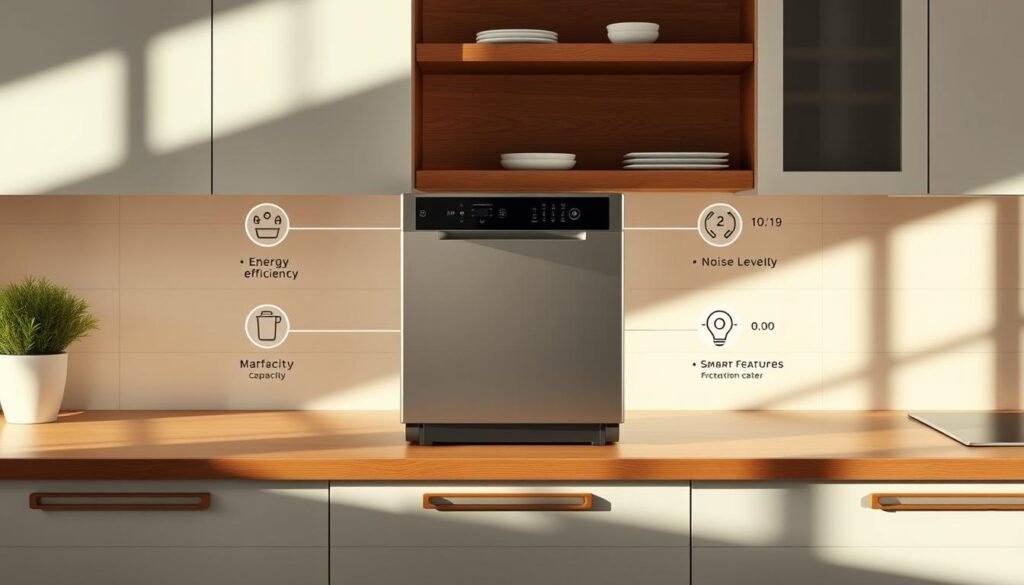 A detailed, immaculate kitchen countertop with a sleek, modern lava-louças (dishwasher) in the center. The lava-louças is surrounded by various selection criteria icons, such as energy efficiency, noise level, capacity, and smart features, all rendered in a minimalist, infographic style. The countertop is bathed in warm, directional lighting, casting subtle shadows that accentuate the lava-louças and selection criteria elements. The overall scene conveys a sense of considered, thoughtful decision-making in the selection of the best dishwasher services.