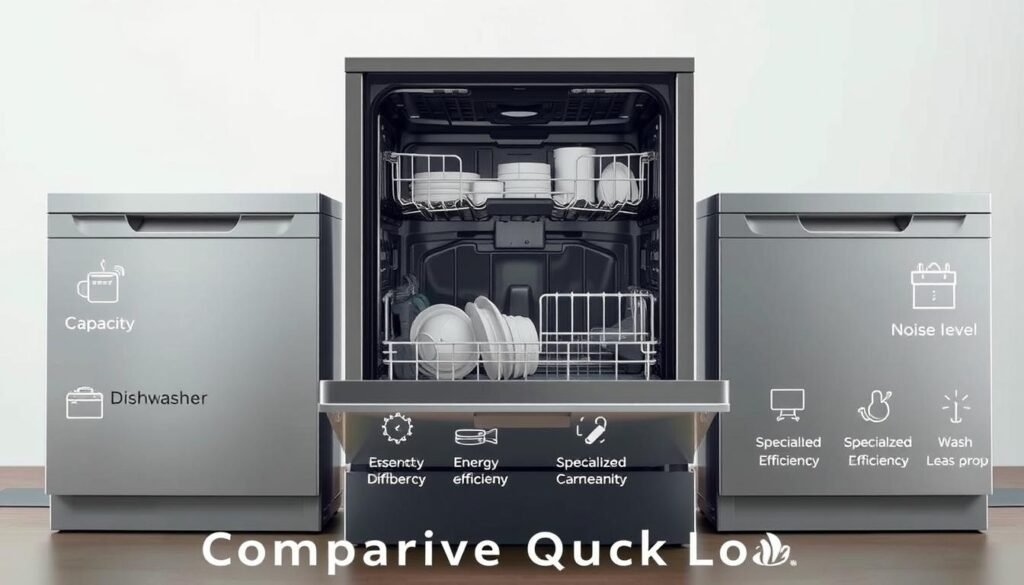 A high-quality comparative image of dishwashers, featuring a clean and minimalistic layout. Set against a soft, diffused background, showcase three sleek dishwasher models in the foreground, arranged in a side-by-side configuration. Emphasize the key technical details and essential features of each model, such as capacity, energy efficiency, noise level, and specialized wash cycles, using a neutral color palette and precise, technical illustrations. Capture a sense of modernity and professionalism, conveying the impression of an authoritative, informative visual aid for the article's "Comparative Quick Look" section.