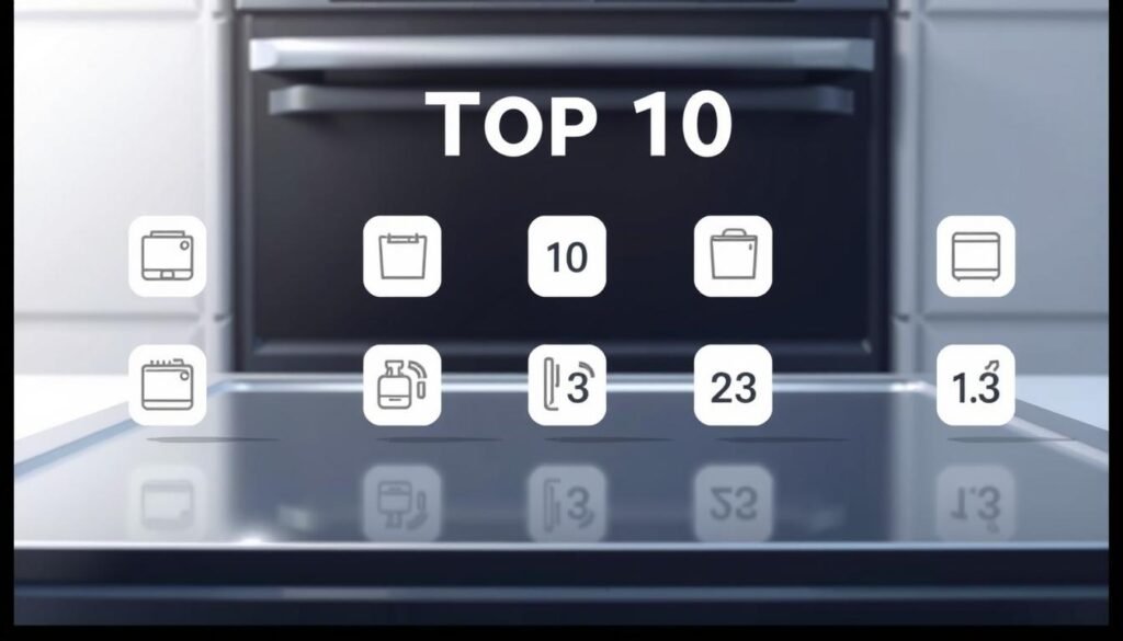 A modern, minimalist illustration showcasing a ranking of the top 10 dishwashers. In the foreground, a sleek grid of 10 dishwasher icons, each with a numbered rank displayed. The icons feature clean, simplified designs in a muted color palette. In the middle ground, a smooth, reflective surface suggests a glossy appliance finish, casting subtle highlights and shadows. The background depicts a softly blurred, monochromatic environment, emphasizing the focus on the ranking display. Gentle, directional lighting creates depth and dimensionality, enhancing the premium, high-end aesthetic. The overall composition conveys a sense of authority, quality, and consumer guidance for the "best dishwasher" services.