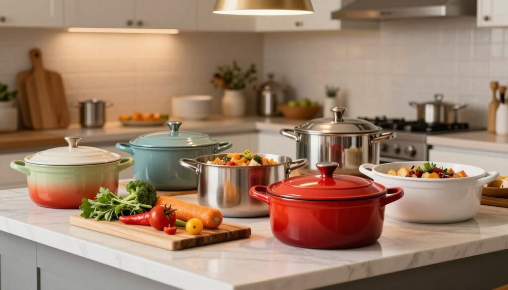 A beautifully arranged kitchen countertop showcasing an array of high-quality, colorful "panelas" (pots) and serving dishes in various materials such as ceramic, stainless steel, and cast iron. In the foreground, feature a vibrant red pot with a shiny finish next to a traditional white ceramic casserole dish, each filled with enticing food. In the middle, a wooden cutting board holds an assortment of fresh vegetables and herbs, creating a lively culinary scene. The background reveals a modern and cozy kitchen with warm, soft lighting coming from pendant lamps above, enhancing the inviting atmosphere. The overall composition should inspire a sense of warmth and homeliness, focusing on the versatility of different cookware in everyday cooking.