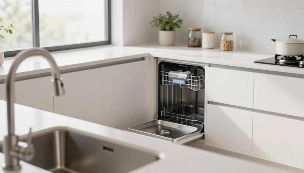 A bright and modern kitchen showcasing a convenient "ponto de água" setup for a dishwasher installation. In the foreground, there is a well-designed sink with a sleek faucet and an unobtrusive water supply line. The middle ground features an open space where a dishwasher is to be placed, elegantly designed cabinetry, and countertop materials that reflect contemporary aesthetics. In the background, natural light floods in through a large window, illuminating the clean lines and functional layout of the kitchen. The mood is inviting and practical, emphasizing the importance of preparation and planning for a dishwasher. The scene is captured with a soft depth of field, highlighting the kitchen as an ideal space for modern living.