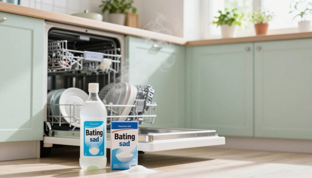 A clean and bright kitchen setting, featuring a modern dishwasher on the left. In the foreground, a bottle of white vinegar and a box of baking soda, both prominently displayed, with some granules of the baking soda spilling slightly. In the middle, the open dishwasher shows sparkling clean dishes, with a hint of steam rising to convey freshness. Light streams in from a nearby window, creating a warm and inviting atmosphere. The walls are painted in soft pastel colors, and there are potted herbs on the windowsill, enhancing the feel of cleanliness and natural freshness. The overall mood is cheerful and refreshing, evoking a sense of effective cleaning and deodorizing with these natural ingredients.
