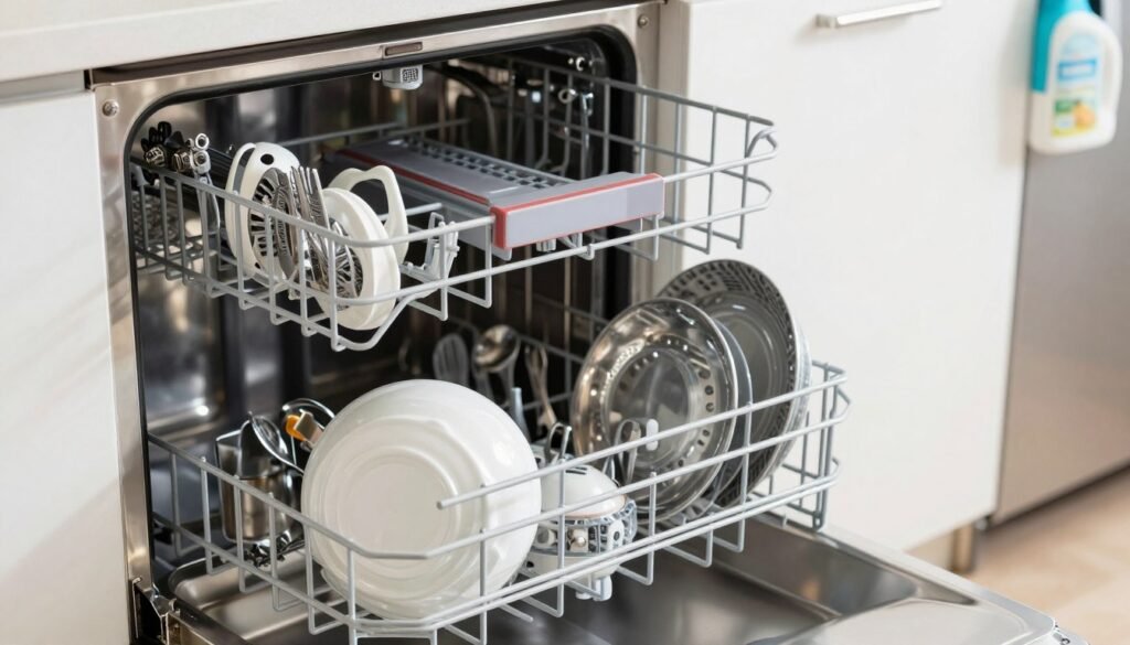 A clean, modern dishwasher interior filled with sparkling dishware, utensils, and a glimmering stainless steel interior. The focus is on the intricate details of the machine, showcasing the spray arms and filter area, highlighting cleanliness and freshness. Soft, natural lighting filters in from above, casting gentle reflections off the polished surfaces. The angle is slightly above and to the side, providing a clear view into the machine while still hinting at the kitchen environment. The atmosphere is fresh and inviting, evoking a sense of cleanliness and order. The background features blurred kitchen elements, like a countertop with cleaning supplies, enhancing the context without being distracting. The overall mood conveys efficiency and freshness, perfect for an article on eliminating odors in dishwashers.