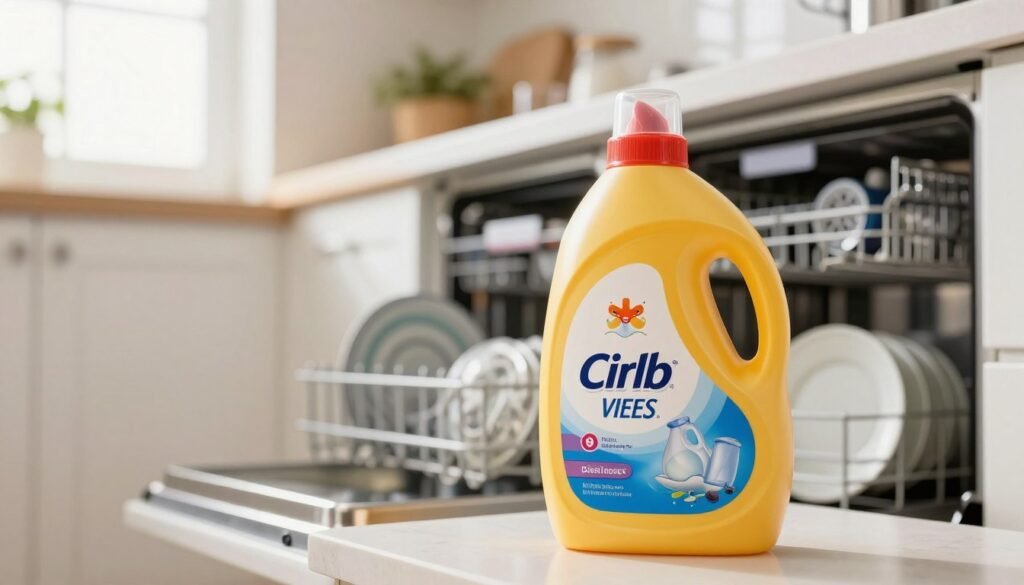 A close-up of a bottle of dishwashing machine detergent, elegantly placed in a bright, modern kitchen environment. The bottle features a sleek design, with vibrant colors that evoke cleanliness and efficiency. In the foreground, the detergent is positioned with a subtle shine, highlighting its premium quality. In the middle ground, a sparkling clean dishwasher is partially visible, with its door open, showcasing spotless dishes and glassware inside. The background displays a tidy kitchen counter, illuminated by soft, natural light filtering through a nearby window, creating a warm and inviting atmosphere. The composition emphasizes the importance of using the right product for optimal dishwashing results while maintaining a clean and organized aesthetic.
