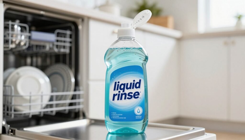 A close-up view of a container of "liquid rinse aid," showcasing its clear, vibrant liquid with subtle bubbles, positioned prominently in the foreground. The container should feature a sleek design, with a measuring cap slightly open to suggest usage. In the middle ground, a modern dishwasher can be seen with its door slightly ajar, revealing shiny, spotless dishes inside, reflecting light subtly. The background should include a bright, clean kitchen setting with soft, natural light filtering through a window, creating a warm, inviting atmosphere. The overall mood should convey efficiency and cleanliness, highlighting the importance of using rinse aid for optimal drying results. The image should be well-composed with a focus on clarity and detail, capturing the essence of effective dishwashing.