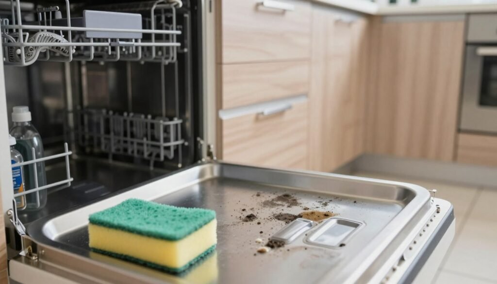 A close-up view of a dishwasher interior with dark patches of mold and a slightly grimy texture on the surfaces, illuminated with soft, natural lighting to emphasize the contrast between the dirty spots and the clean areas. In the foreground, a sponge and bottle of cleaning solution are arranged to suggest action being taken to remove the odor. The middle of the image features the dishwasher door slightly ajar, revealing the damp atmosphere inside. In the background, a kitchen setting is visible, with light wood cabinetry and a sink, suggesting a home environment. The overall mood is one of concern for cleanliness while inspiring action to eliminate the unpleasant smell, conveying a sense of urgency for effective home care.