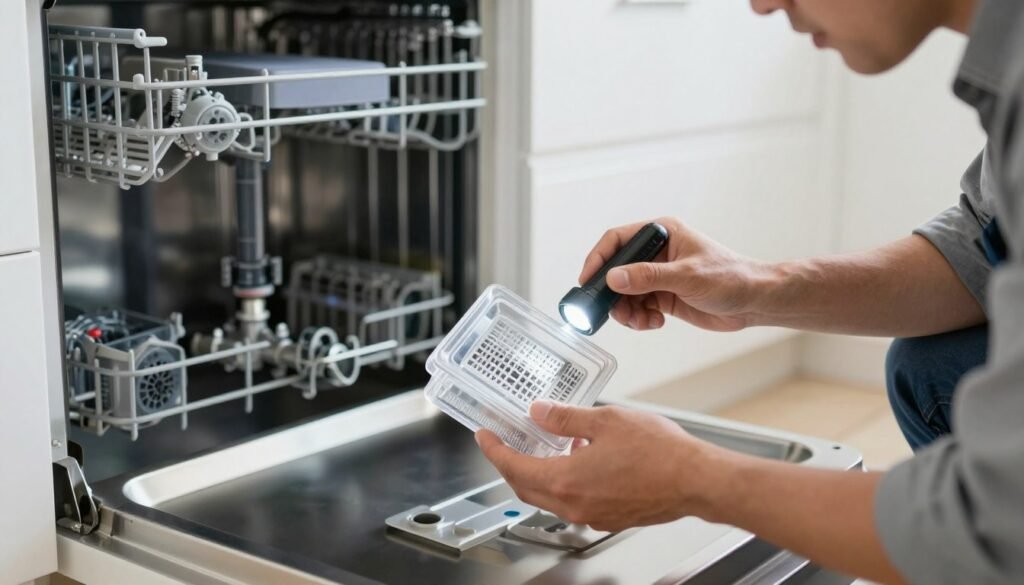 A close-up view of a dishwasher maintenance scenario, showcasing the internal components involved in filter, drainage, and water inlet maintenance. In the foreground, a professional technician in modest casual clothing is inspecting a clean, transparent filter, using a flashlight to highlight intricate details. The middle ground features the dishwasher cavity with visible piping and drainage valves, all meticulously arranged to emphasize the importance of maintenance. The background offers a lightly blurred kitchen setting, enhancing the work environment. Soft, natural lighting illuminates the scene, creating a calm and focused atmosphere. The angle is slightly tilted for a dynamic perspective, capturing both the technician's hands and the essential components clearly.