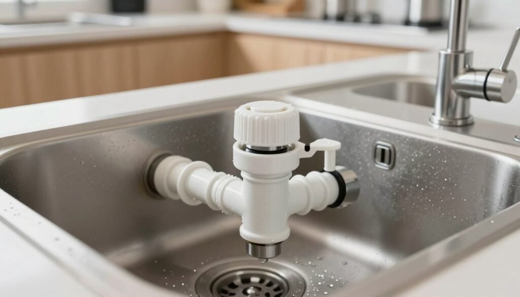 A close-up view of a kitchen sink drain and drainage system, showcasing a neatly arranged drain assembly with clean pipes, a well-maintained disposal unit, and a partially visible sink. The foreground captures water droplets glistening around the drain, while the background features a blurred kitchen environment with light wood cabinetry and stainless steel appliances. Soft, natural lighting casts gentle shadows, creating a clean and inviting atmosphere. The angle is slightly above the sink level, ensuring the focus remains on the drain and its components. The overall mood conveys cleanliness and functionality, emphasizing the importance of proper drainage in maintaining a fresh-smelling kitchen.