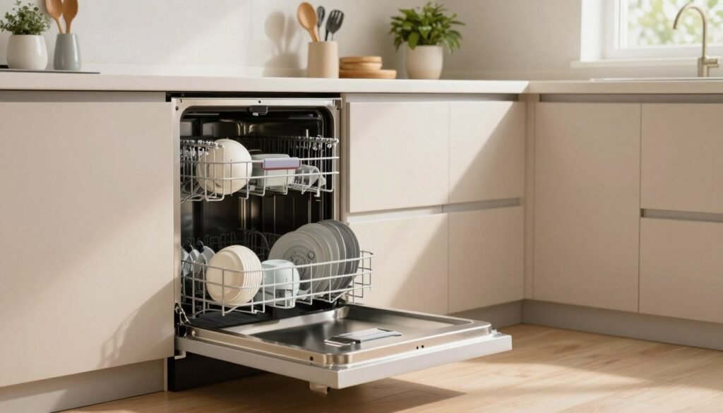 A modern dishwasher positioned in a stylish kitchen setting, showcasing its sleek design and stainless steel finish. In the foreground, the dishwasher door is slightly ajar, revealing a glimpse of clean dishes inside. The kitchen counter is clutter-free, featuring neatly arranged kitchen utensils and a few decorative plants, evoking a sense of cleanliness and order. Soft, warm lighting casts gentle shadows, enhancing the inviting atmosphere. In the background, light-colored cabinetry contrasts with the dishwasher, while a window lets in natural light, creating a harmonious ambiance. Focus on the practicality of the dishwasher as an essential kitchen appliance, with an emphasis on its functional design. The overall mood is fresh and clean, emphasizing the importance of maintaining appliances to prevent odors.
