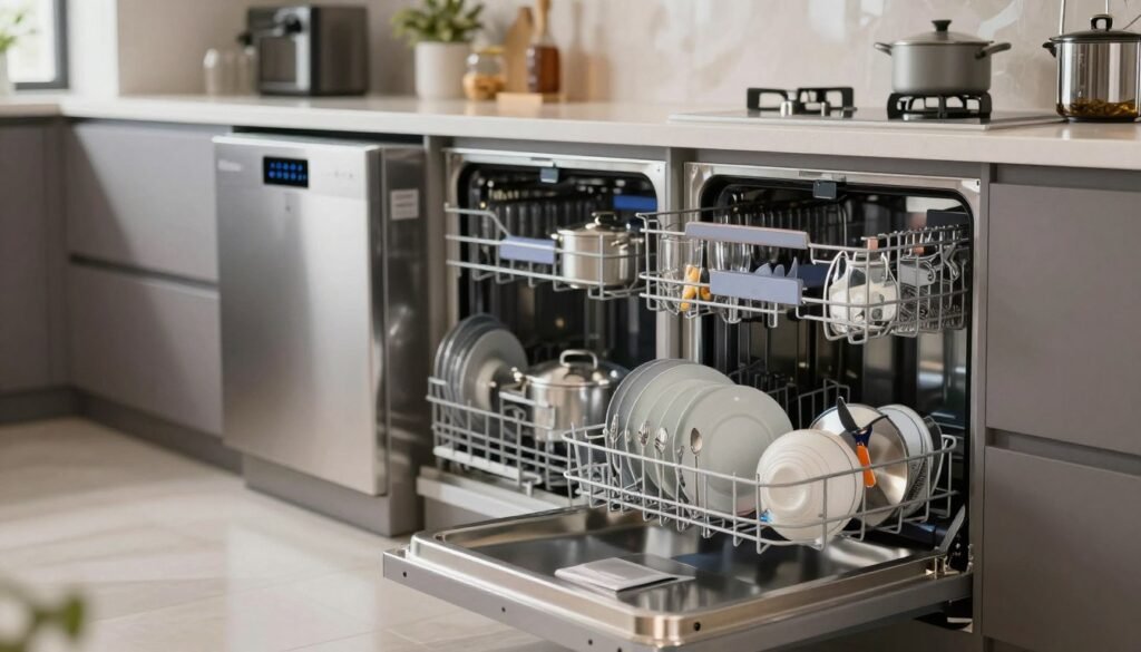 A modern kitchen displaying an array of dishwasher models, each with unique washing programs. In the foreground, a sleek stainless steel dishwasher is open, showcasing various dishes and utensils, highlighting a cycle selection panel with illuminated icons. In the middle, there are partially filled dishwashers with glasses, plates, and pots exhibiting different load configurations, demonstrating efficiency. The background features soft, ambient kitchen lighting with a polished countertop and softly blurred kitchen appliances, creating an inviting atmosphere. The mood is informative and engaging, conveying a sense of exploration into the washing programs. The image should be captured with a wide-angle lens to encompass the kitchen space while maintaining a focus on the dishwashers.