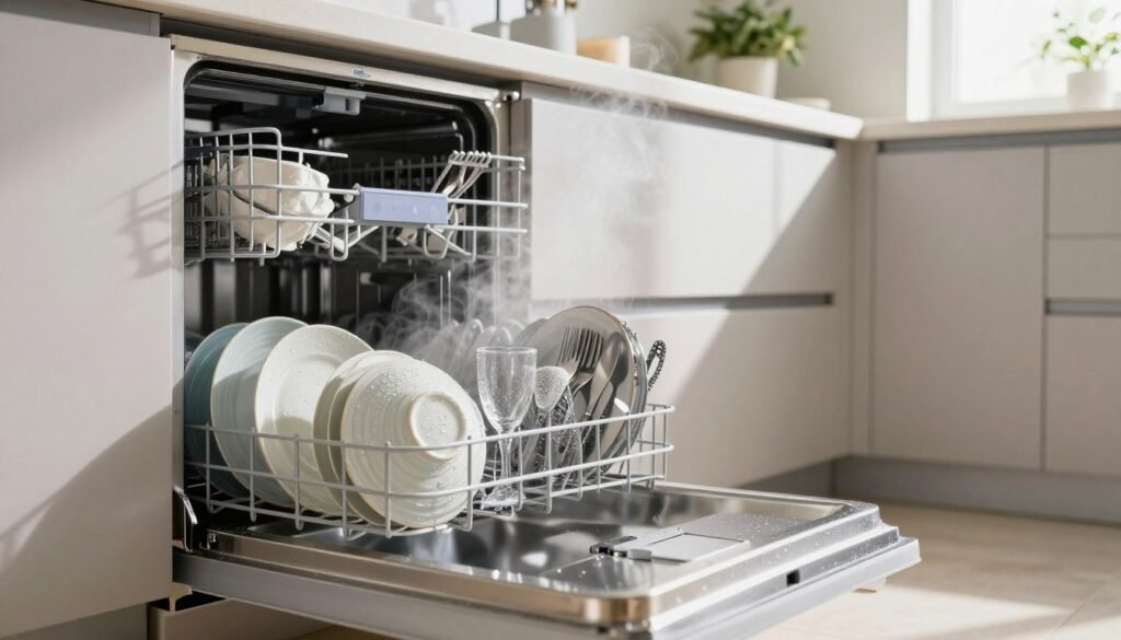 A modern kitchen interior featuring a sleek, silver dishwasher with the door slightly ajar, revealing steaming clean dishes inside that are notably wet. In the foreground, focus on a beautifully arranged set of clean plates, glasses, and cutlery, glistening with droplets of water. The middle ground highlights the open dishwasher, with steam rising subtly, emphasizing the drying process. Bright, natural lighting streams in through a nearby window, casting soft shadows and adding a warm, inviting atmosphere. The background includes stylish kitchen cabinets and a decorative plant, contributing to a contemporary and functional kitchen environment. The image conveys a sense of curiosity about the drying process, inviting viewers to explore solutions for drying problems in dishwashers.