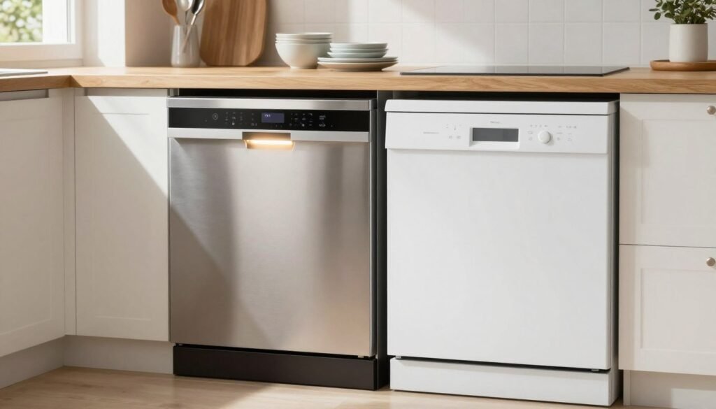 A modern kitchen interior featuring two contrasting dishwashers side by side: one sleek stainless steel and the other a crisp white model. In the foreground, the stainless steel dishwasher gleams under soft, warm LED lighting, showcasing its functional design with a minimalist control panel. The white dishwasher is adjacent, radiating a clean, bright appearance, highlighting its smooth finish. In the middle ground, a stylish wooden countertop with neatly organized dishware and utensils complements the dishwashers, adding a homey touch. The background features soft-focus kitchen cabinetry with natural light filtering through a window, creating a serene and inviting atmosphere. The overall mood is one of comparison, emphasizing the practicality and aesthetic appeal of both dishwasher models.