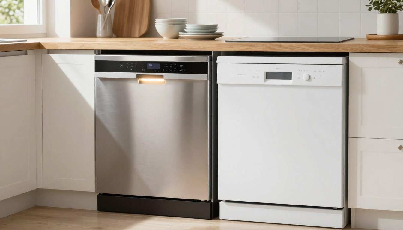 A modern kitchen interior featuring two contrasting dishwashers side by side: one sleek stainless steel and the other a crisp white model. In the foreground, the stainless steel dishwasher gleams under soft, warm LED lighting, showcasing its functional design with a minimalist control panel. The white dishwasher is adjacent, radiating a clean, bright appearance, highlighting its smooth finish. In the middle ground, a stylish wooden countertop with neatly organized dishware and utensils complements the dishwashers, adding a homey touch. The background features soft-focus kitchen cabinetry with natural light filtering through a window, creating a serene and inviting atmosphere. The overall mood is one of comparison, emphasizing the practicality and aesthetic appeal of both dishwasher models.