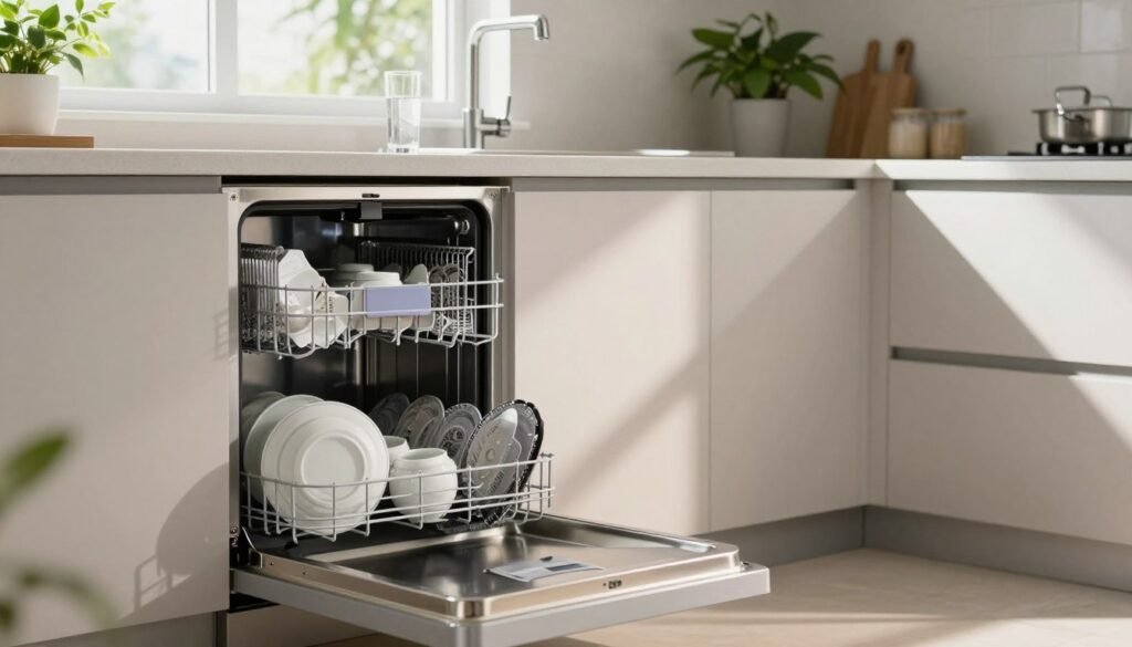 A modern kitchen scene focused on water consumption, showcasing an energy-efficient dishwasher. In the foreground, a sleek, stainless steel dishwasher with an open door revealing clean dishes inside. The middle ground features a kitchen countertop with a glass of clear water and a water-saving faucet, highlighting sustainability. In the background, a bright and airy kitchen with natural light streaming through a window, illuminating green houseplants that symbolize eco-friendliness. Soft shadows cast by the afternoon sun create a warm atmosphere, emphasizing cleanliness and efficiency. The composition should convey a sense of modernity, sustainability, and hope for the future of water consumption in households.