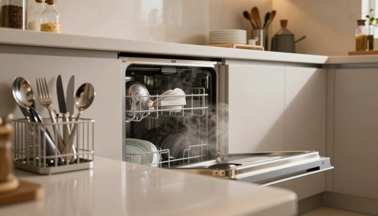 A modern kitchen scene showcasing a sleek, stylish dishwasher, known as a "lava louças," integrated seamlessly into a contemporary countertop. In the foreground, a neatly organized utensil basket is filled with various cutlery items like forks, knives, and spoons, emphasizing their tidy arrangement. In the middle ground, the shining dishwasher door is slightly ajar, with steam gently rising, hinting at a recent wash cycle. The soft, warm lighting creates a cozy atmosphere, reflecting off stainless steel surfaces and polished countertops. In the background, shelves display neatly stacked dishes and cooking essentials, adding depth to the scene. The camera angle is slightly tilted to give a dynamic perspective, evoking a sense of daily kitchen life and cleanliness.