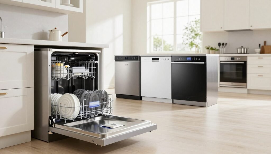 A modern kitchen scene showcasing a variety of dishwashers in a well-lit, stylish environment. In the foreground, a sleek, stainless steel dishwasher with an open door reveals clean dishes neatly stacked inside. In the middle, several models of dishwashers are presented, highlighting different features like energy efficiency ratings and innovative designs. The background features a spacious kitchen with elegant cabinetry, bright natural light streaming through a large window, enhancing the sense of cleanliness and organization. The mood is informative and inviting, encouraging viewers to consider their options. Note the use of soft, even lighting to eliminate harsh shadows, with a focus on the dishes and appliances. No people or text in the image, ensuring a clear, professional aesthetic.
