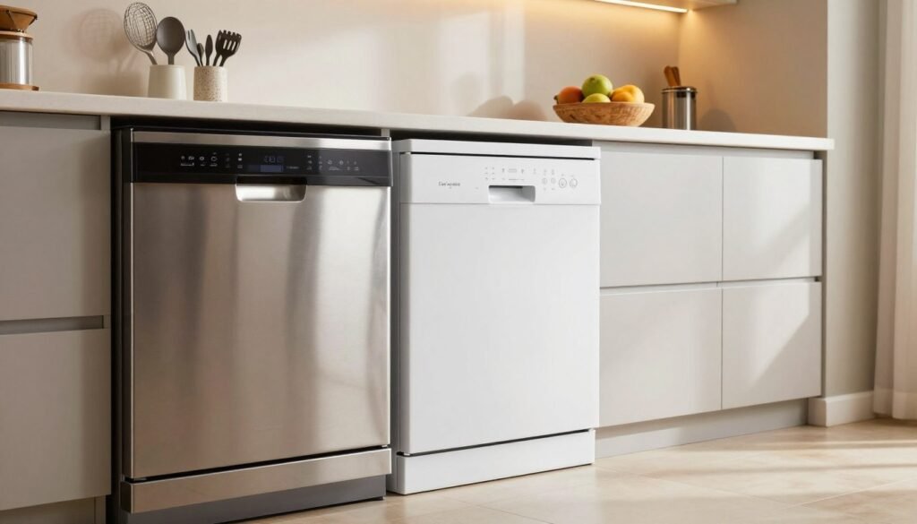 A modern kitchen scene showcasing two distinct dishwashers: one stainless steel and one white, positioned prominently on a sleek countertop. In the foreground, the stainless steel dishwasher reflects natural light, highlighting its polished surface, while the white model contrasts with a matte finish. In the middle ground, a charming arrangement of kitchen utensils and a bowl of fresh fruits creates a cozy atmosphere. The background features stylish cabinets and warm-toned lighting, giving the space an inviting feel. The angle is slightly tilted to capture both dishwashers clearly, creating an engaging perspective. This image emanates a balance of practicality and aesthetic appeal, emphasizing the differences between the two dishwasher options in a home setting.