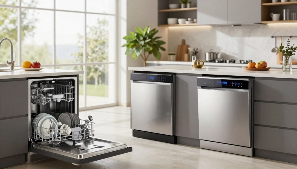 A modern kitchen showcasing various types of dishwashers available in the Brazilian market. In the foreground, feature three models of dishwashers in sleek designs: a compact countertop model, a built-in model with a stainless steel finish, and an advanced smart dishwasher with touch controls. Position them on a clean kitchen counter, surrounded by sparkling clean dishes and utensils. In the middle background, depict a bright and airy kitchen space with large windows, providing natural light that enhances the reflective surfaces of the appliances. Incorporate stylish cabinetry and a lively indoor plant to add warmth. The atmosphere should feel contemporary and inviting, illustrating practicality and efficiency in dishwashing solutions. Use a wide-angle lens for a comprehensive view and ensure a balanced composition with a soft focus on the background to emphasize the dishwashers.