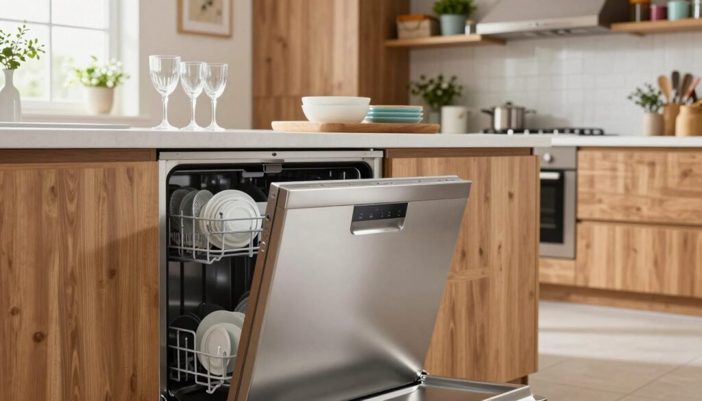 A modern kitchen space, bright and inviting, featuring a sleek and efficient dishwasher prominently in the foreground. The dishwasher is stainless steel with a glossy finish, integrated seamlessly into the cabinetry. In the middle ground, stylish kitchen countertops display neatly arranged dishware, sparkling clean glasses, and bowls, showcasing the dishwasher’s effectiveness. The background has warm wooden cabinets and open shelves filled with colorful kitchen accessories, plants adding a touch of greenery. Soft, natural light filters through a window, creating a cozy atmosphere. An angle from slightly above captures the entire scene, emphasizing the harmony of functionality and design in contemporary kitchens. The overall mood is hopeful and productive, inspiring viewers to consider the benefits of investing in a dishwasher today.