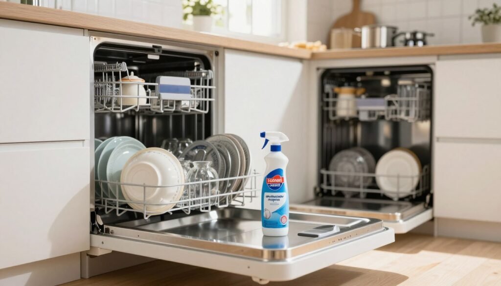 A modern, sleek dishwasher positioned in a bright, well-organized kitchen, showcasing the "abrilhantador máquina" alongside various cleaning items. In the foreground, focus on a shiny container of the polishing agent with its label visible, emphasizing its premium quality. The middle ground features the open dishwasher, with the interior gleaming and reflecting light, showcasing impeccably clean dishes and glassware. In the background, a sunlit kitchen window illuminates the space, creating a warm, inviting atmosphere. Soft shadows enhance the details, while a 35mm lens captures the scene in sharp focus, emphasizing both the polishing agent and the clean dishes, conveying a sense of freshness and efficiency in home cleaning routines.
