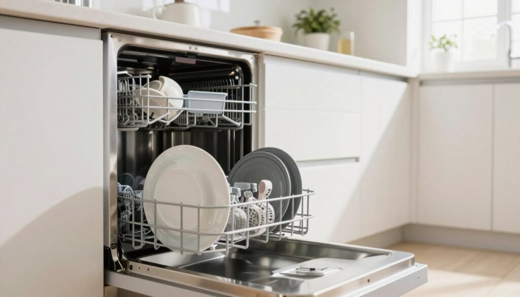 A sleek stainless steel dishwasher positioned prominently in a bright, modern kitchen environment. In the foreground, a sparkling clean plate emerges from the open dishwasher, showcasing its efficient washing performance. In the middle ground, various kitchen utensils are organized neatly around the countertop, emphasizing functionality and organization. The background features soft-focus cabinetry and bright natural light streaming in from a large window, creating an inviting and airy atmosphere. The scene should convey a sense of cleanliness and efficiency while highlighting the stainless steel appliance's glossy finish against a backdrop of warm, white tones. Use soft, diffused lighting to enhance the stainless steel's luster and create a professional and polished look. The angle should be slightly elevated, capturing the dishwasher from a dynamic perspective.