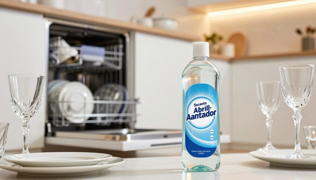 A vibrant and detailed image of a clear bottle labeled "Secante Abrilhantador" placed prominently in the foreground, showcasing the liquid inside reflecting light. The bottle is surrounded by sparkling clean glassware, such as shiny plates and crystal-clear wine glasses, arranged neatly. In the middle ground, a modern dishwasher door is partially open, revealing a sparkling interior filled with dishes. The background features a bright, contemporary kitchen with warm lighting that creates an inviting atmosphere. The lens angle is slightly tilted to emphasize the foreground bottle while softly blurring the background. The overall mood conveys freshness and cleanliness, capturing the essence of effective dishwashing and the role of the drying agent.