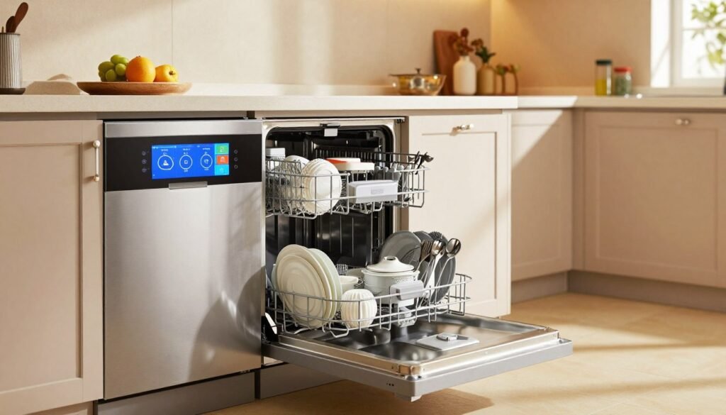 A visually appealing kitchen scene showcasing a modern dishwasher in action, surrounded by sparkling clean dishes. In the foreground, a well-organized countertop displays various dishwashing cycles illustrated on a digital screen integrated into the dishwasher's design. The middle ground features a sleek, stainless steel dishwasher with opened doors, revealing tidy rows of plates and utensils. In the background, soft ambient lighting illuminates the kitchen, enhancing a warm, inviting atmosphere. The setting includes elegant cabinetry and warm-toned walls, with sunlight streaming through a nearby window. The entire composition conveys a sense of efficiency and modernity while inviting the viewer to consider the different cycles and performance aspects of various models.