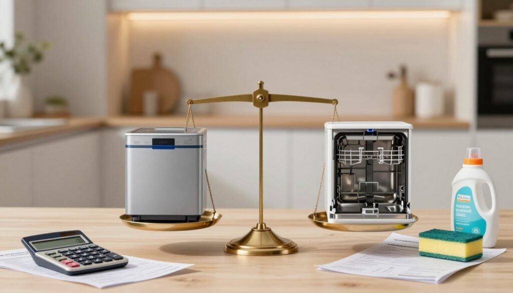 A visually striking composition showcasing the concept of cost in home appliances. In the foreground, an elegant balance scale displays a compact dishwasher on one side and a traditional dishwasher on the other, symbolizing the comparison. In the middle ground, a neatly arranged calculator, bills, and maintenance tools like a sponge and detergent bottles create a thematic connection to expenses. In the background, a kitchen setting with modern decor and soft, warm lighting enhances the atmosphere, hinting at everyday life. The lens focuses sharply on the balance scale while softly blurring the kitchen elements, creating a professional and clean visual narrative. The mood conveys thoughtful consideration and value assessment, inviting viewers to reflect on appliance choices.