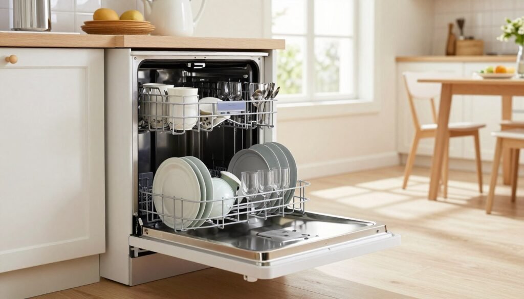 Uma máquina de lavar louça moderna e compacta, projetada para uma cozinha familiar, destacando seu acabamento elegante e recursos práticos. O eletrodoméstico deve ser representado em primeiro plano, enfatizando seu design eficiente, enquanto a louça está cuidadosamente disposta ao lado — oito conjuntos de pratos, copos e talheres criam uma composição equilibrada. Em segundo plano, uma cozinha clara e arejada, com luz natural abundante entrando pela janela, destacando a porta de vidro da máquina de lavar louça. O fundo apresenta armários com acabamento suave e desfocado e uma pequena mesa de jantar para sugerir escala e funcionalidade. Capture uma atmosfera acolhedora e convidativa que ressoe com a vida familiar, focando na ideia de otimizar espaço e praticidade para famílias maiores.