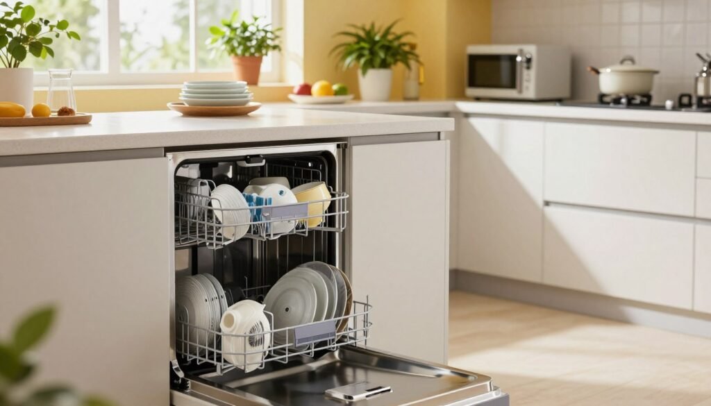 Uma cena de cozinha moderna com foco em uma elegante e eficiente máquina de lavar louça, destacando suas características em primeiro plano. A máquina é de aço inoxidável com um design sofisticado, refletindo a luz ambiente. Em segundo plano, uma bancada adornada com uma variedade de louças limpas ressalta a praticidade de se usar uma máquina de lavar louça. Ao fundo, uma janela permite a entrada de luz natural, iluminando uma cozinha vibrante, repleta de plantas e eletrodomésticos modernos, sugerindo um ambiente harmonioso. A atmosfera geral é luminosa, convidativa e tecnológica, simbolizando os benefícios de investir em uma máquina de lavar louça em 2026. A imagem deve ser fotografada de um ângulo ligeiramente elevado para abranger a bancada e a máquina de lavar louça, criando uma composição equilibrada.