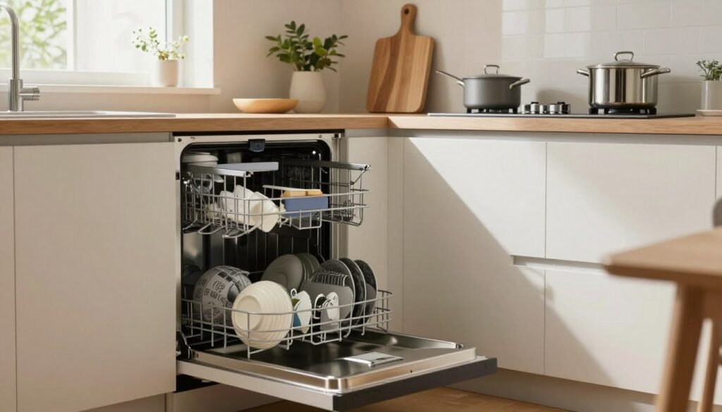 Uma cozinha moderna em um apartamento compacto, com destaque para uma elegante e eficiente máquina de lavar louça projetada para espaços pequenos. Em primeiro plano, uma elegante máquina de lavar louça de aço inoxidável está aberta, revelando pratos e utensílios limpos e organizados. Ao centro, uma organização cuidadosa de itens essenciais de cozinha, como tábua de corte, panelas e eletrodomésticos modernos, ilustra praticidade e aprimora o ambiente. Ao fundo, a luz natural suave que entra pela janela realça a decoração minimalista e as soluções de armazenamento. A atmosfera é convidativa e serena, evocando uma sensação de conforto em um espaço urbano. Use uma paleta de cores quentes para acentuar o aconchego da cena e escolha um ângulo que capture a funcionalidade da cozinha com um leve efeito de profundidade de campo para maior foco.