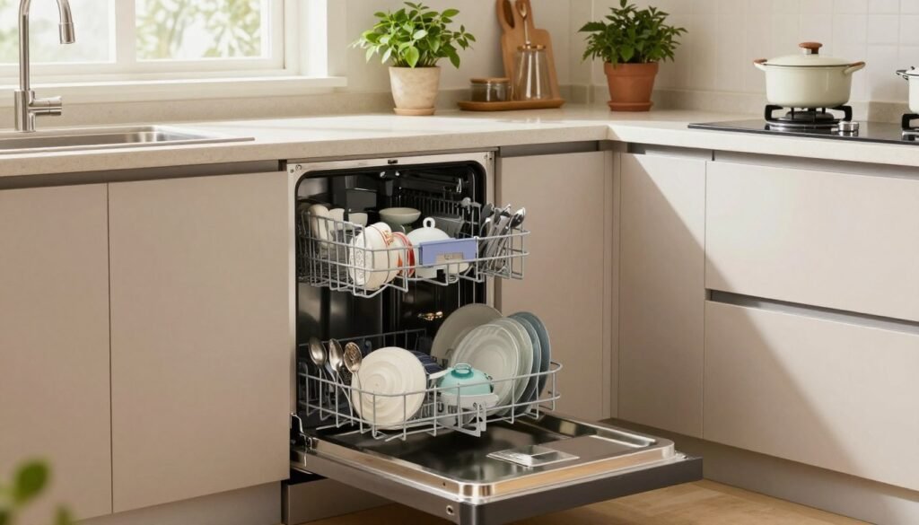 Uma cozinha moderna que destaca uma máquina de lavar louça de alta qualidade, otimizada para apartamentos. Em primeiro plano, uma elegante máquina de lavar louça em aço inoxidável se abre, revelando pratos e utensílios cuidadosamente empilhados, refletindo uma combinação de eficiência e praticidade. No plano intermediário, uma bancada estilosa com utensílios de cozinha práticos e um vaso de planta criam uma atmosfera aconchegante e funcional. Ao fundo, a luz natural suave filtra-se por uma janela com cortinas simples, criando um ambiente convidativo. Toda a composição enfatiza a limpeza e a modernidade, ideal para destacar as melhores características dos modelos de máquinas de lavar louça de 2025 em um apartamento. A cena foi fotografada de um ângulo ligeiramente elevado para capturar todos os elementos harmoniosamente, garantindo uma aparência acolhedora e profissional.