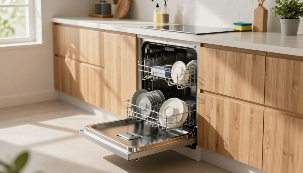 Uma cena de cozinha moderna destacando uma elegante e sofisticada máquina de lavar louça em um apartamento. Em primeiro plano, o foco está na moderna máquina de lavar louça de aço inoxidável com a porta aberta, revelando louças limpas e organizadas em seu interior. No plano intermediário, uma bancada de cozinha contemporânea exibe detergente, esponja e uma planta, enfatizando a praticidade. Ao fundo, uma cozinha bem iluminada com armários de madeira e uma janela permite a entrada de luz natural suave, projetando sombras delicadas que criam uma atmosfera aconchegante. Capture o profissionalismo e a funcionalidade do espaço com uma paleta de cores quentes para evocar uma sensação de segurança e conforto, mantendo uma estética limpa e minimalista. Utilize um ângulo ligeiramente superior para uma visão completa, garantindo que a imagem seja vibrante e convidativa.