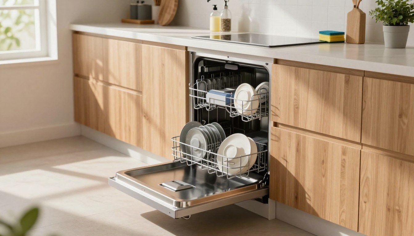 A modern kitchen scene showcasing a sleek, high-performance dishwasher in an apartment setting. In the foreground, focus on a stylish, stainless steel dishwasher with an open door, revealing clean, organized dishes inside. The middle ground features a contemporary kitchen counter adorned with dish soap, sponge, and a plant, highlighting usability. In the background, a well-lit kitchen with wooden cabinets and a window allowing soft, natural sunlight to stream in, casting soft shadows to create a cozy atmosphere. Capture the professionalism and functionality of the space, with a warm color palette to evoke a sense of safety and comfort, while maintaining a clean and minimalistic aesthetic. Use a slight overhead angle for a comprehensive view, ensuring the image is vibrant and inviting.