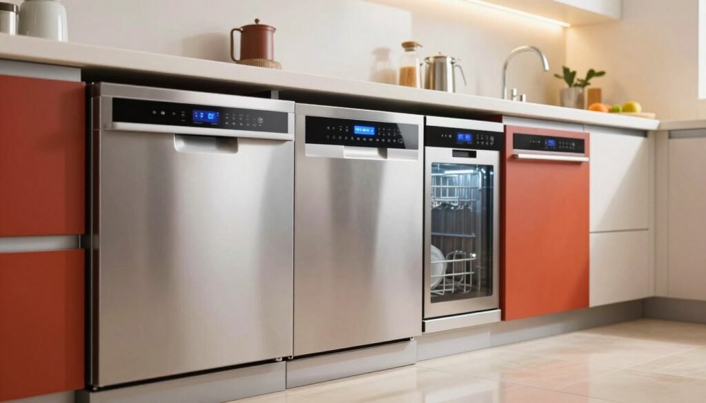 Uma cozinha moderna que exibe uma seleção das melhores lava-louças, com design de linhas elegantes e uma combinação de aço inoxidável e cores vibrantes. Em primeiro plano, uma lava-louças estilosa se destaca, refletindo a luz das luminárias superiores. Em segundo plano, duas lava-louças adicionais exibem suas funcionalidades, com painéis iluminados que mostram os controles. O fundo é suavemente desfocado, revelando armários elegantes e uma bancada organizada com acessórios para lavar louça. A iluminação é brilhante e convidativa, criando um brilho aconchegante em toda a cena. A atmosfera transmite uma sensação de eficiência contemporânea e conforto doméstico, enfatizando a praticidade de cada eletrodoméstico em um ambiente de cozinha funcional e estético.