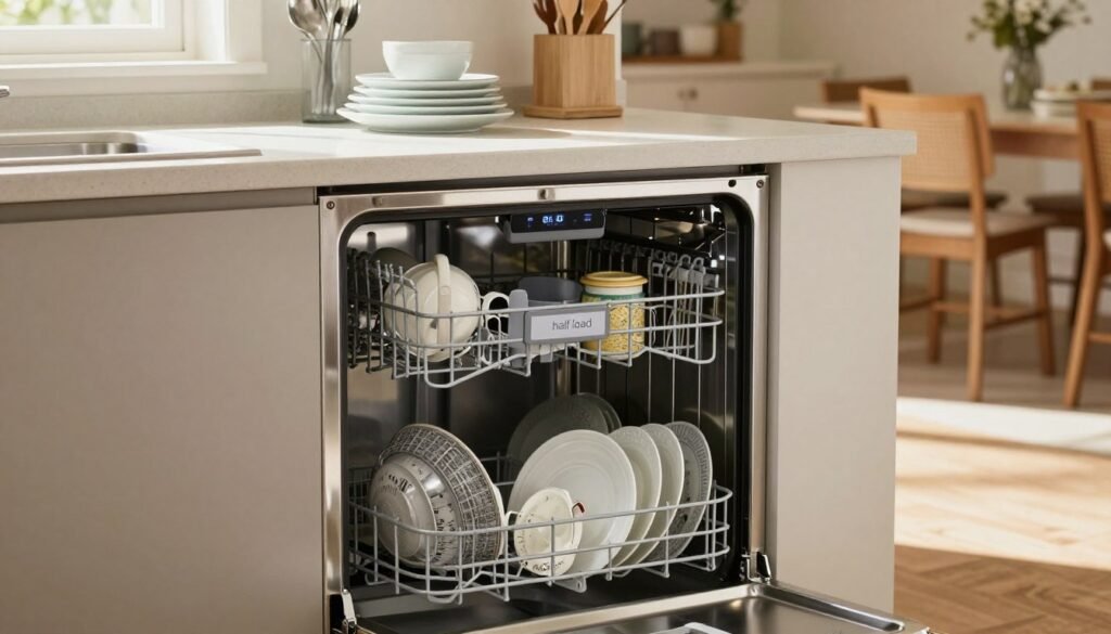 Uma cozinha moderna com uma elegante e eficiente máquina de lavar louça em primeiro plano, ilustrando especificamente sua função de "meia carga", com a louça disposta em uma carga parcial para destacar sua funcionalidade. O eletrodoméstico é de aço inoxidável com uma interface digital, refletindo a luz natural que entra por uma janela próxima, criando uma atmosfera acolhedora e convidativa. O plano intermediário inclui bancadas limpas com alguns pratos e utensílios cuidadosamente empilhados, transmitindo uma sensação de organização e limpeza. Ao fundo, uma aconchegante sala de jantar, suavemente iluminada, sugere um ambiente familiar. A atmosfera geral é de praticidade e eficiência, mostrando como a máquina de lavar louça pode economizar tempo e energia para famílias maiores. A composição deve ter um leve ângulo diagonal, dando profundidade e convidando os espectadores a visualizarem este eletrodoméstico essencial em funcionamento.