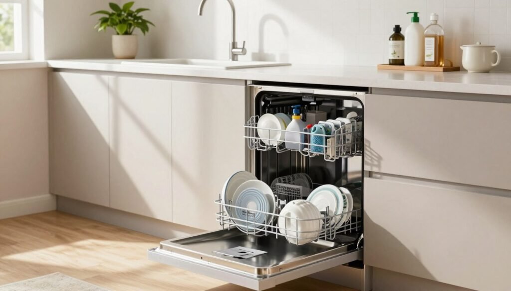 Uma cozinha moderna com uma máquina de lavar louça de baixo consumo energético, ideal para apartamentos, que enfatiza a economia de água e energia. Em primeiro plano, uma elegante máquina de lavar louça em aço inoxidável está parcialmente aberta, revelando utensílios ecológicos em seu interior. Ao centro, uma bancada estilosa com um vaso de planta e produtos de limpeza ecologicamente corretos reforça a ideia de sustentabilidade. Ao fundo, uma janela ampla permite a entrada de luz natural, criando uma atmosfera acolhedora. Sombras suaves projetadas pela luz do sol acentuam os eletrodomésticos e acessórios modernos. O ambiente geral é fresco, convidativo e ecologicamente correto, perfeito para ilustrar a importância da eficiência hídrica e energética em eletrodomésticos. O ângulo da foto deve ser ligeiramente acima da linha dos olhos para capturar todos os detalhes com eficácia.