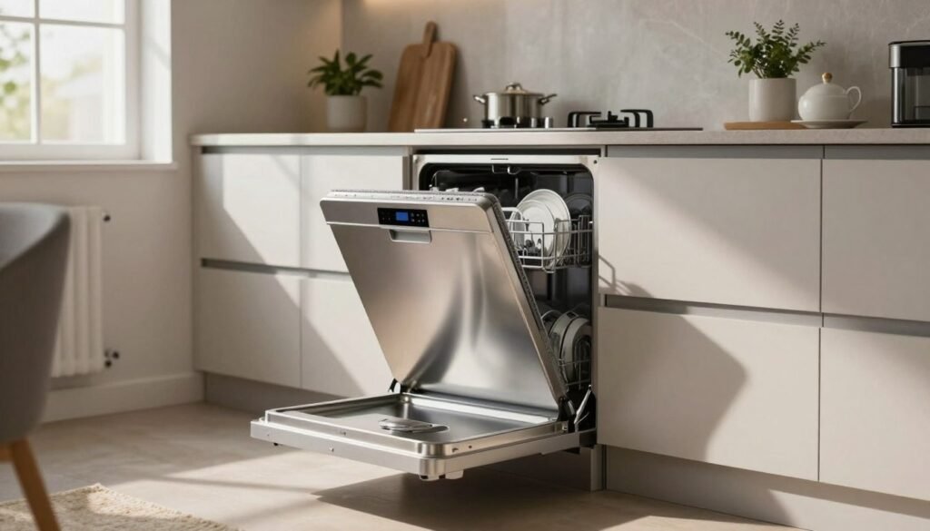 Uma moderna e elegante máquina de lavar louça compacta para 8 serviços, posicionada com elegância em uma pequena cozinha de apartamento urbano. Em primeiro plano, a máquina de lavar louça com acabamento em aço inoxidável polido destaca seu design simplificado e painel de controle. Ao centro, a cozinha apresenta armários minimalistas, uma bancada contemporânea e eletrodomésticos discretos que complementam a máquina de lavar louça. Ao fundo, uma janela aconchegante permite a entrada de luz natural, projetando sombras suaves que realçam o espaço. O ambiente busca evocar uma atmosfera limpa e funcional, ideal para espaços pequenos, com um toque de aconchego proporcionado por plantas. A iluminação suave da cozinha reforça o clima convidativo, e o ângulo da câmera, ligeiramente elevado, foca tanto na máquina de lavar louça quanto nos detalhes da cozinha ao redor, capturando uma perspectiva de estilo de vida.