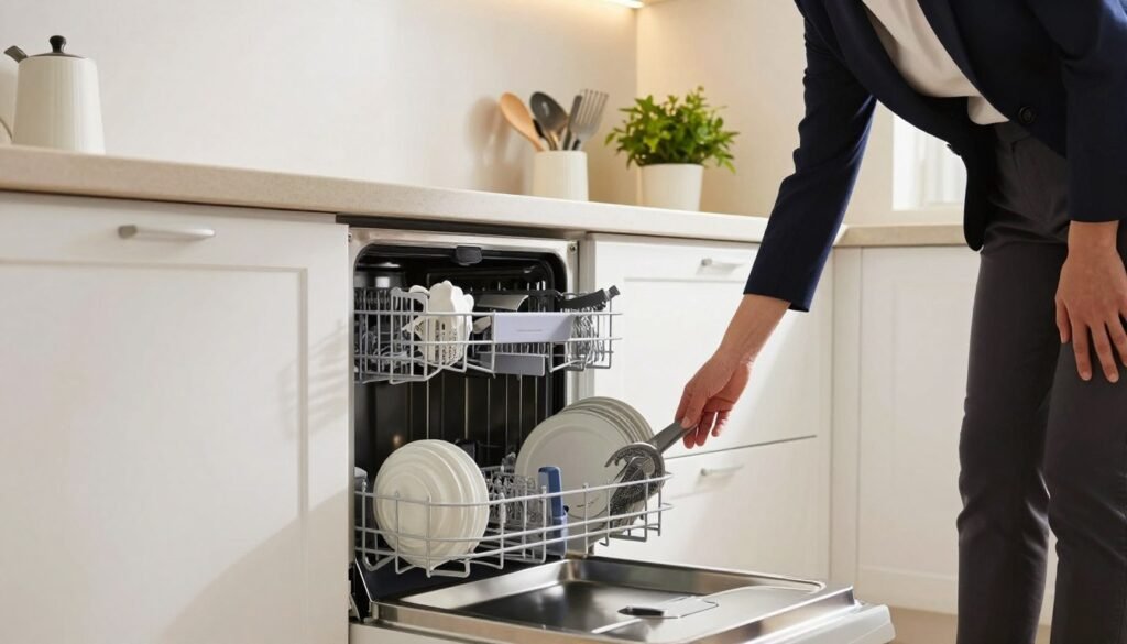 Uma cozinha serena, com uma lava-louças moderna, brilhante e bem conservada, em primeiro plano. O eletrodoméstico está inserido em uma cozinha elegante e espaçosa, com armários brancos e bancada clara. Uma pessoa em traje profissional, inspecionando atentamente a lava-louças, enfatiza a importância do cuidado e da manutenção. Ao fundo, utensílios de cozinha organizados e uma planta fresca adicionam vida e cor à cena. Uma iluminação suave e ambiente ilumina o espaço, projetando sombras delicadas e criando uma atmosfera aconchegante. O ângulo da câmera está levemente inclinado para baixo, focando tanto na lava-louças quanto na pessoa, transmitindo uma sensação de dedicação à manutenção da casa. O clima geral é calmo e convidativo, destacando o compromisso em prolongar a vida útil dos eletrodomésticos.