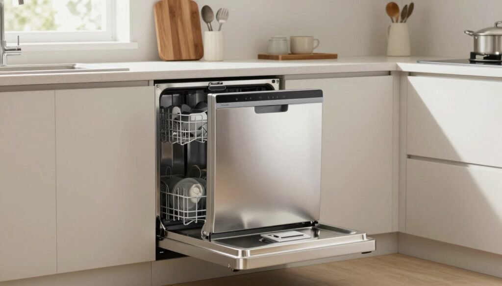 Uma elegante e moderna máquina de lavar louça compacta, projetada para cozinhas e apartamentos pequenos, inserida em uma cozinha minimalista e estilosa. Em primeiro plano, destaca-se a máquina de lavar louça com seu exterior em aço inoxidável polido, exibindo seu design compacto com um painel de controle frontal. No plano intermediário, elementos elegantes de cozinha, como uma tábua de corte, utensílios e um escorredor de pratos organizado ao lado da máquina. Ao fundo, a luz natural suave filtra-se por uma janela próxima, iluminando os armários claros e criando uma atmosfera aconchegante. A imagem foi capturada de um ângulo ligeiramente elevado para enfatizar a funcionalidade da máquina de lavar louça, exalando uma sensação de sofisticação e praticidade em espaços pequenos. O clima geral é fresco e convidativo, refletindo um estilo de vida moderno.