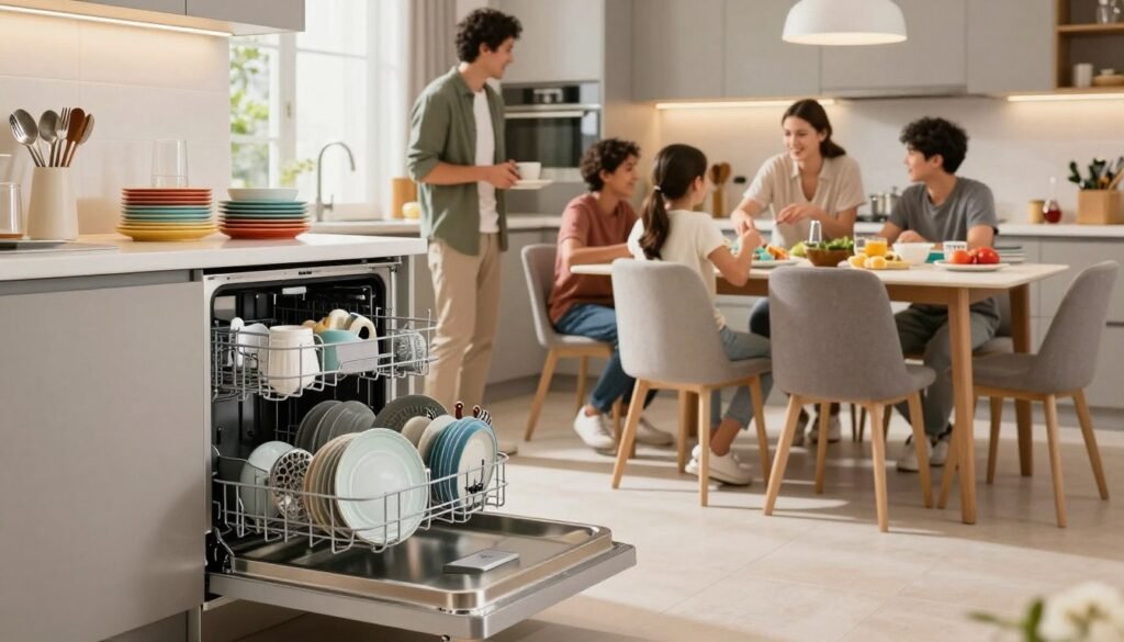 Uma cozinha espaçosa e moderna retrata uma grande família reunida após uma refeição, com destaque para uma elegante máquina de lavar louça. Em primeiro plano, uma moderna máquina de lavar louça de aço inoxidável com a porta entreaberta, revelando louças limpas empilhadas ordenadamente em seu interior. Ao centro, uma família de quatro pessoas, vestida com roupas casuais e discretas, conversa e sorri enquanto separa a louça usada na bancada e na mesa de jantar, exibindo uma variedade vibrante de pratos, xícaras e talheres. O fundo apresenta uma iluminação aconchegante e convidativa, com a luz natural suave entrando por uma janela, realçando o caos organizado de uma casa movimentada. O clima é animado e comunitário, refletindo a alegria da vida familiar e enfatizando a necessidade de soluções eficientes para lavar louça.