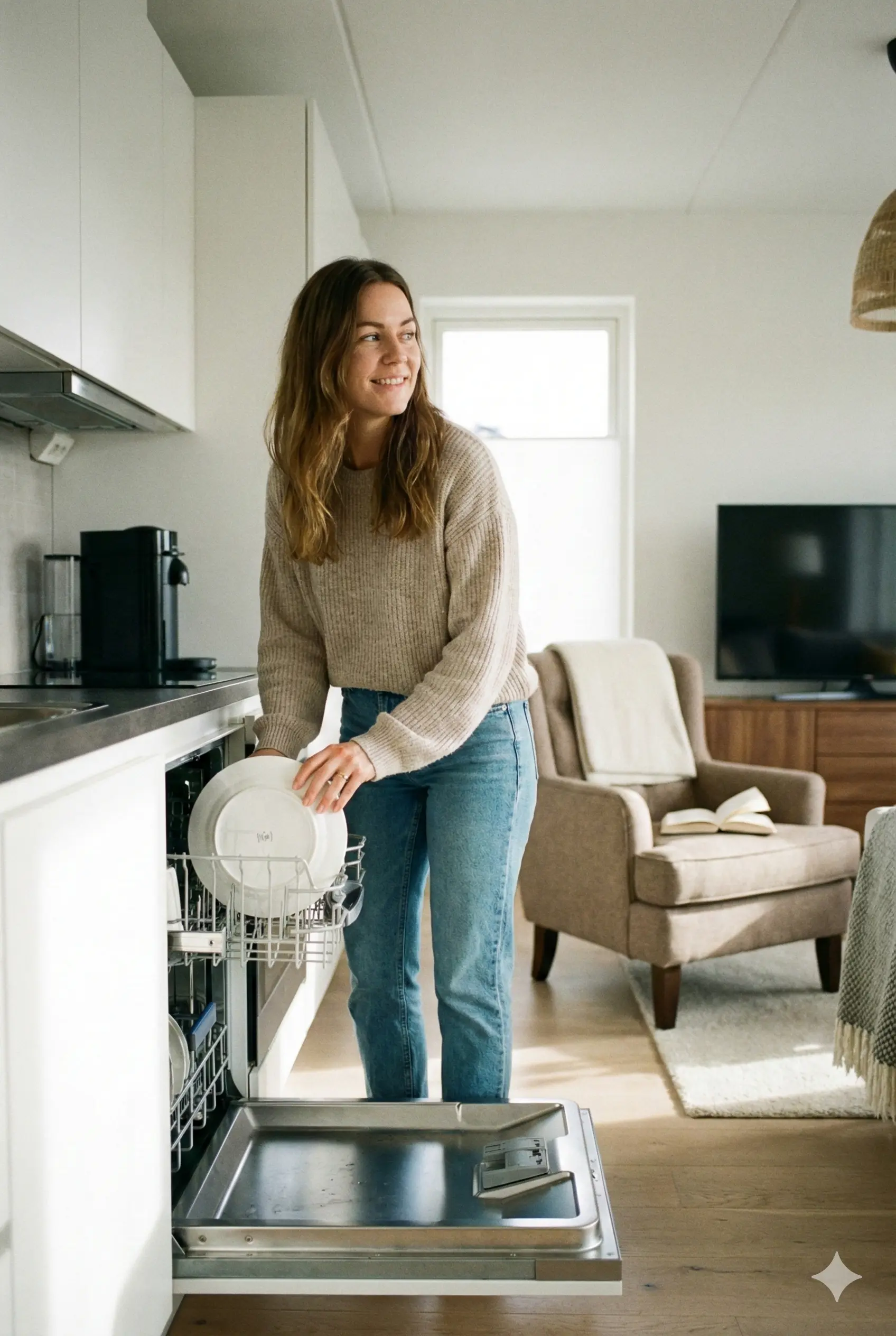 Alguém colocando a louça na máquina e saindo para ler um livro ou ver TV. faça a imagem na vertical.