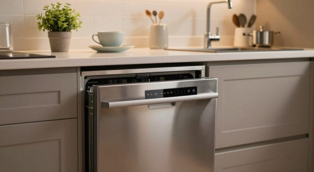 A compact and modern dishwasher designed for small kitchens, nestled in a stylish kitchen setting. The foreground features the dishwasher with a sleek stainless steel finish and minimalist controls, reflecting a contemporary aesthetic. In the middle ground, a clean countertop is adorned with a few dishware items and a small potted herb plant, emphasizing the practicality and space-saving design. The background showcases elegant cabinetry with soft, ambient lighting, creating a warm and inviting atmosphere. The image is captured from a slightly elevated angle using a soft-focus lens, highlighting the dishwasher's features while keeping the kitchen's cozier elements in view. The overall mood is efficient and sophisticated, suitable for modern living spaces.