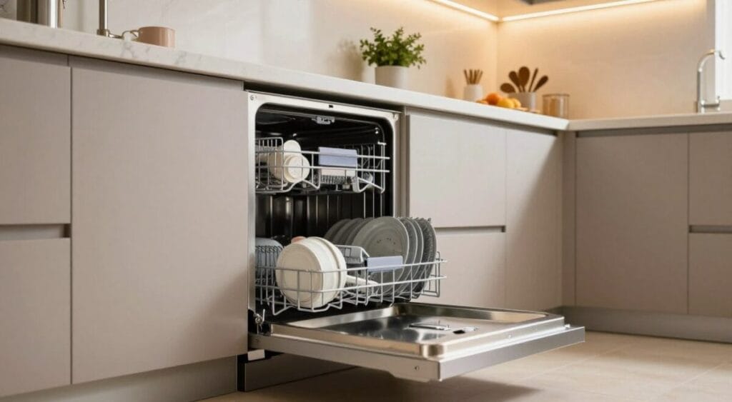 A compact dishwasher designed for small kitchens in a contemporary setting, emphasizing low water consumption features. In the foreground, the sleek stainless-steel appliance is partially open, showcasing neatly arranged dishes inside. In the middle ground, a cozy kitchen with modern cabinetry and a marble countertop enhances the compact dishwasher's functionality, illuminated by soft, warm lighting from overhead fixtures. The background features subtle decor elements like potted herbs and a hanging rack with utensils, creating an inviting atmosphere. The angle showcases the dishwasher from a slight bird's-eye view, highlighting its efficient design. Overall, the image conveys a sense of innovation and practicality, perfect for a small kitchen environment.