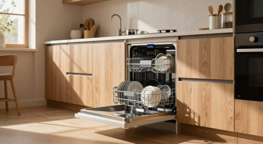 A compact dishwasher seamlessly integrated into a planned kitchen cabinet, showcasing its sleek design and modern features. In the foreground, the dishwasher door is slightly open, revealing shiny dishes inside. The middle of the image focuses on the surrounding cabinetry, highlighting smart storage solutions and a minimalist countertop with utensils neatly arranged. The background features a cozy, well-lit kitchen atmosphere with warm wood tones and stylish lighting fixtures, creating an inviting space. The scene is captured from a mid-angle perspective, emphasizing functionality and space efficiency. Natural sunlight filters through a nearby window, casting soft shadows and enhancing the warmth of the kitchen. The overall mood is modern and practical, ideal for small kitchen layouts, reflecting smart appliance choices for compact living.