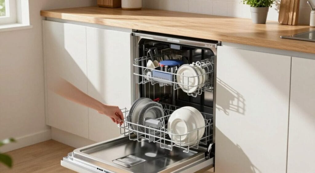 A modern, compact smart dishwasher with a sleek design, featuring a transparent glass door to showcase its interior filled with sparkling clean dishes. In the foreground, a hand is gently opening the dishwasher, emphasizing ease of use. The middle ground shows a stylish, small kitchen with minimalist decor, stainless steel appliances, and warm wooden accents. Sunlight filters through a nearby window, casting soft shadows and highlighting the dishwasher’s innovative features. The background includes subtle kitchen elements like a wooden countertop and potted herbs, creating a cozy, inviting atmosphere. The scene is well-lit with a bright and airy feel, shot from a slightly elevated angle, conveying efficiency and modern living.