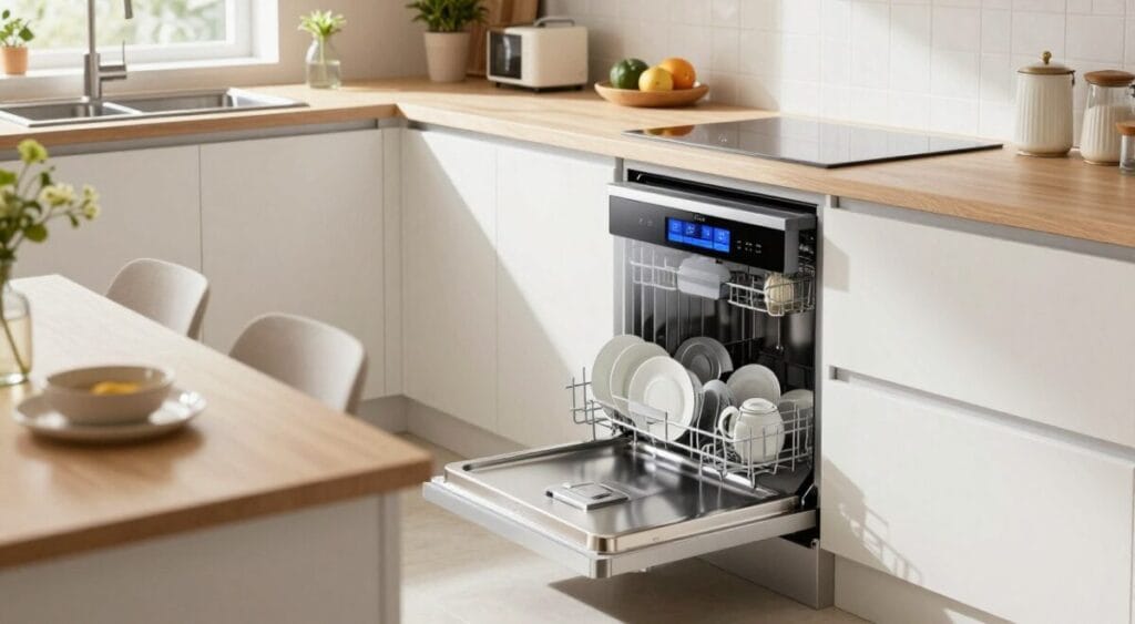 A sleek, modern smart dishwasher seamlessly integrated into a compact kitchen. The dishwasher features a glossy, metallic finish with a touch screen control panel, reflecting contemporary design. In the foreground, display an organized countertop with elegant dishware neatly arranged, showcasing the dishwasher's functionality. The kitchen should have a bright, airy feel, illuminated by natural light streaming through a window above the sink, enhancing the vibrant colors of the kitchen decor. The middle background should include minimalist cabinetry and a small dining area, emphasizing space efficiency. Use a slightly angled perspective to highlight the dishwasher's design and function, creating a harmonious atmosphere that combines technology and style in a small kitchen setting. The mood should feel inviting and modern, with a focus on practicality.