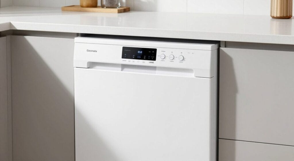Lava-louças compacta Electrolux LB08E Branca em uma bancada de cozinha moderna, iluminação clara, exibindo o painel digital ligado, estilo fotorealista 8k.