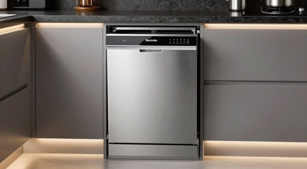 Lava-louças compacta Electrolux LS08E Inox instalada em uma bancada de cozinha moderna com granito escuro, iluminação LED suave sob os armários, acabamento em aço inoxidável brilhante, estilo fotografia publicitária de alta definição, 8k.